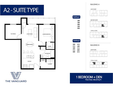 Floor plan for 1 bed, 1 bath, 682 sqft